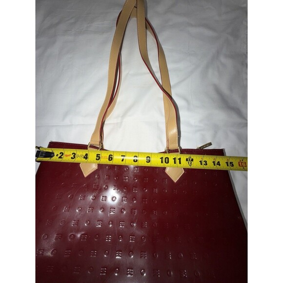 Arcadia Italy Red Patent Leather Tote Bag Monogram Embossed Large Satchel - Picture 3 of 11